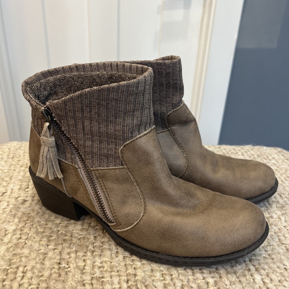 B.O.C. Women's Bendell Taupe Brown Leather Suede Knit‎ Sock Ankle Booties Sz 8